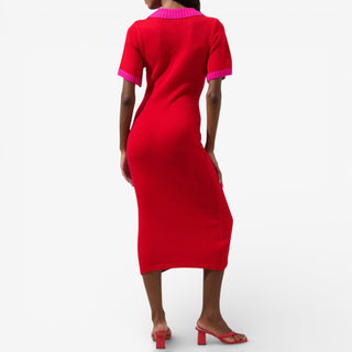 Red dress with pink trim on a white background