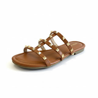 Brown studded strappy slide sandals flat leather look casual everyday wear angled view