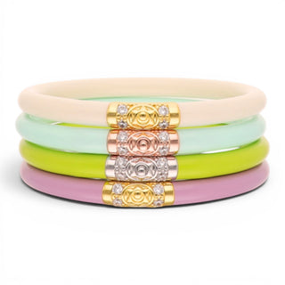 Pastel stackable bangles set by BuDhaGirl featuring pink, lime, mint and ivory all weather bangles with crystal bead accents front product view