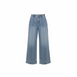 Light blue denim wide-leg jeans on a white background