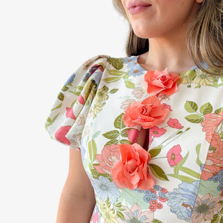 Floral print dress close-up with multicolor flowers, short puff sleeve detail, and statement coral 3D floral appliqué neckline for a feminine spring and Easter outfit.
