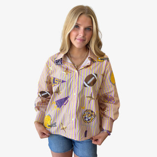 Queen of Sparkles LSU Striped Gameday Long Sleeve Top