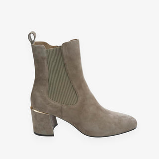 Taupe ankle boot with a ribbed texture on a white background