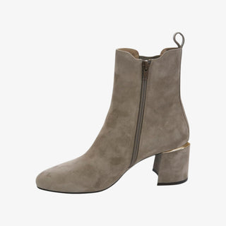 Taupe ankle boot with a zipper on a white background