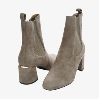 Pair of gray suede ankle boots with gold heel accents on a white background