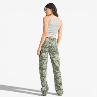 Camo relaxed fit pants with wide leg silhouette and green camouflage print back view on model