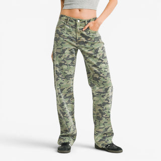 Camo relaxed fit pants with wide leg silhouette and green camouflage print front view