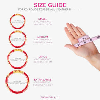 Size guide for Koi Rouge Tzubbie All Weather B with hand and measuring tape