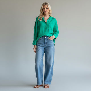 kelly green button down blouse lightweight long sleeve top front view styled with jeans