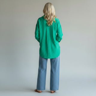 oversized green button down blouse back view lightweight long sleeve relaxed fit