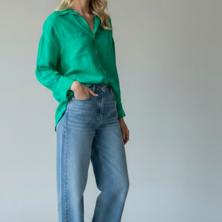 kelly green button down shirt lightweight long sleeve blouse full side view outfit