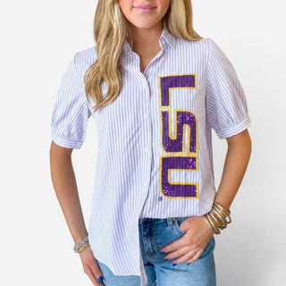 LSU sequin button down featuring purple and gold sequin LSU lettering on lavender striped shirt, front close up detail view
