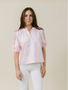 Blush-colored Henley blouse with open neckline and elastic cuffs by LaRoque.