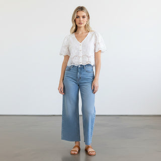 white lace crop top eyelet puff sleeve blouse front view