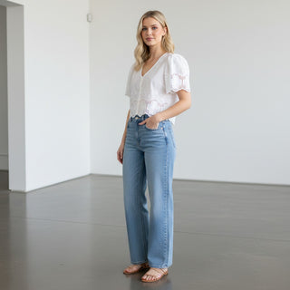 white lace blouse cropped fit scalloped hem side view