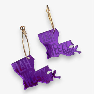 Purple Louisiana hoop earrings with LahWeezyAnna lettering, gold-tone hoops and acrylic state charms, front product view on white background.
