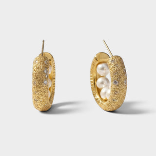 Gold textured pearl hoop earrings with pavé detail and pearls inside the hoop, elegant statement earrings for weddings, events, and dressy outfits