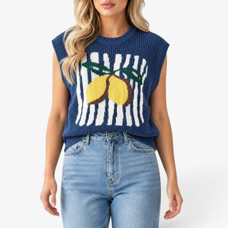 Lemon knit vest navy with lemon graphic front, sleeveless sweater top for casual summer styling, front view on model
