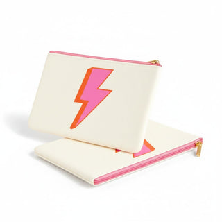 Lightning bolt cosmetic bags with pink lightning bolt graphic stacked product view