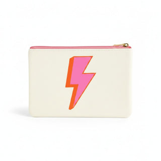 Lightning bolt cosmetic bag with pink zipper and cream vegan leather front product view