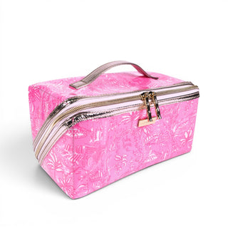 Lilly Pulitzer travel cosmetic bag in Palm Beach Playground pink print with gold zipper details, top handle, and structured carryall design angled view