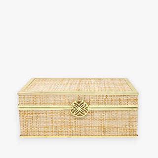 Lilly Pulitzer gold raffia jewelry box with natural woven exterior and gold trim front view