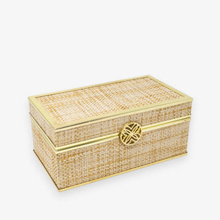 Lilly Pulitzer gold raffia jewelry box with woven texture and decorative gold clasp front angle view