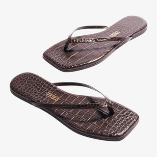 square toe flip flop sandal brown croc angled pair view