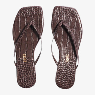 square toe flip flop sandal brown croc texture minimalist style top view