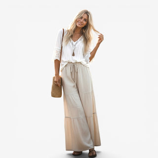 Oatmeal linen palazzo pants with wide legs and a drawstring