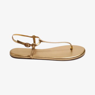 TKEES gold thong sandal slim strap flat sandal angled side view