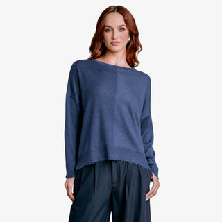Lawson Midnight Blue knit long sleeve top with relaxed fit and raw-edge hem.