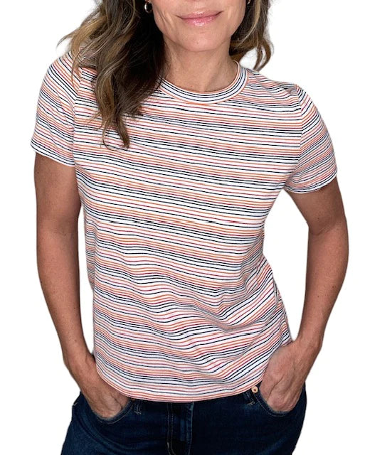 White combo striped Michael Stars Gerry Tee with short sleeves and round neckline.
