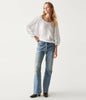 Michael Stars white gauze top with boat neck, shirred neckline, ruffle sleeve details.
