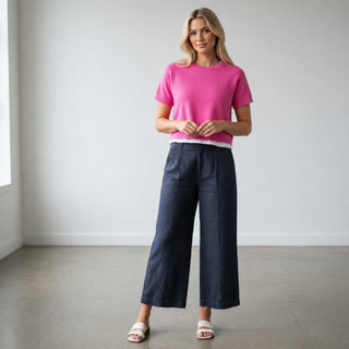 Wide leg navy herringbone linen pants in Nocturnal front view with cropped silhouette