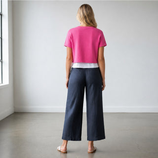 Wide leg navy herringbone linen pants in Nocturnal back view showing tailored rear fit
