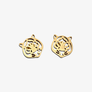 Gold mini tiger face stud earrings with openwork design on white background, front product view