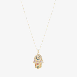hamsa pendant necklace gold chain multicolor crystal detail dainty jewelry 