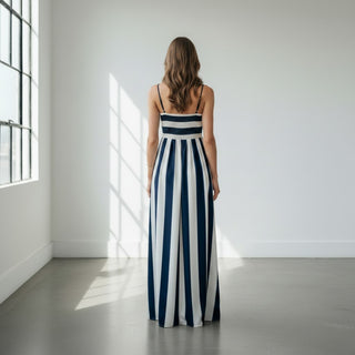 navy striped maxi dress back view smocked bodice detail flowy silhouette