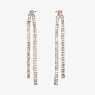 Gold baguette-cut CZ dangle earrings with long linear design, perfect for adding elegant sparkle to evening and formal looks.