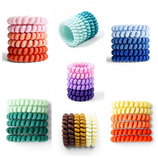 Ombre spiral hair tie set with six-piece color sets in pink, yellow, green, teal, blue, purple and brown, assorted product view