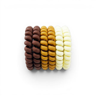 Brown ombre spiral hair ties in cream, caramel, and chocolate shades front view