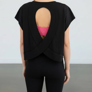 black open back active tee back view with crossover open back detail 