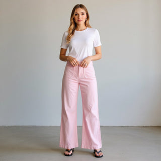 Pink wide leg patch pocket pants with high rise fit and relaxed cropped silhouette front view