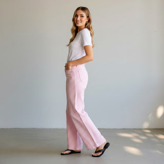 Pink patch pocket wide leg pants with relaxed fit and high rise waist side view