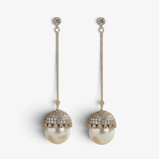 Pavé pearl chain drop earrings with crystal stud, delicate gold chain, and pearl drop with pavé cap for elegant bridal and formal statement jewelry