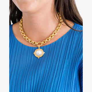 Gold chain necklace with large cotton pearl pendant and adjustable clasp