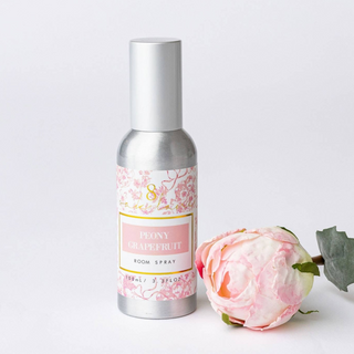 Peony Grapefruit room spray with pink floral label and silver bottle front view