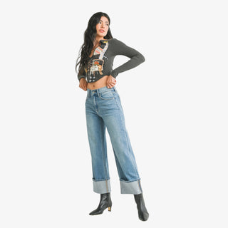 Petite high-rise slim wide leg jeans with bold cuffed hem and relaxed leg fit.