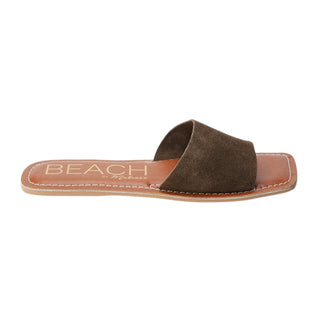 Beach by Matisse Bali Sandal in Dark Brown suede with square toe and natural stitching detail